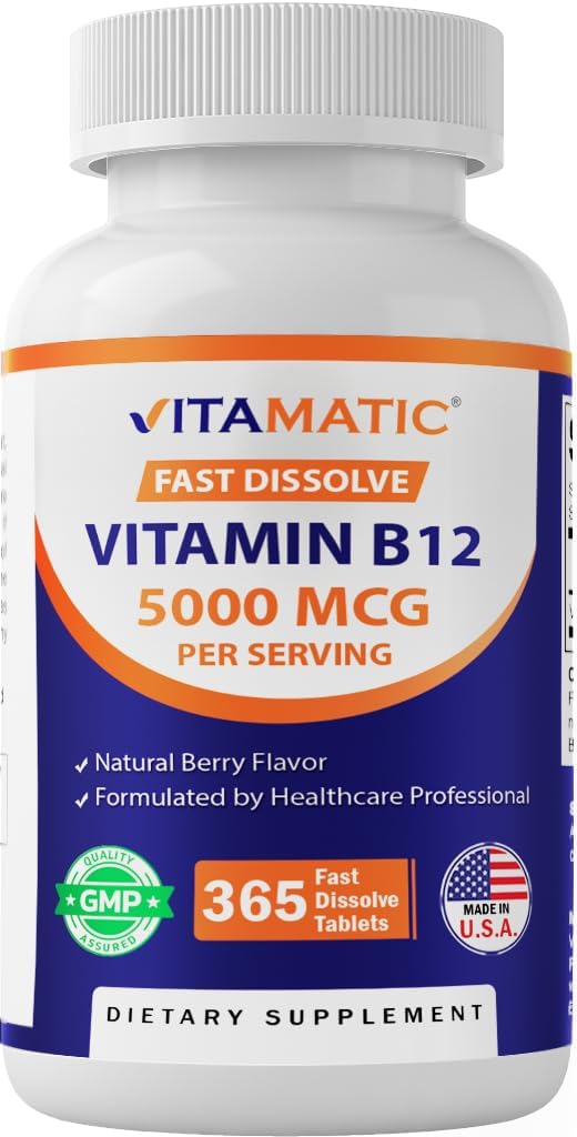 Vitamatisk vitamin B12 5000 mcg - 365 Fast Opløs tabletter Berry Flavor - Understøtter energiproduktion & nervesystem sundhed - Non- GMO, Gluten- Free