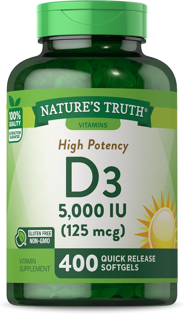 Nature 's Truth Vitamin D3 5000 IE Softgels against 124; 400 Greve - 124; Høj potens - 124; Non- GMO & Gluten Free Supplement