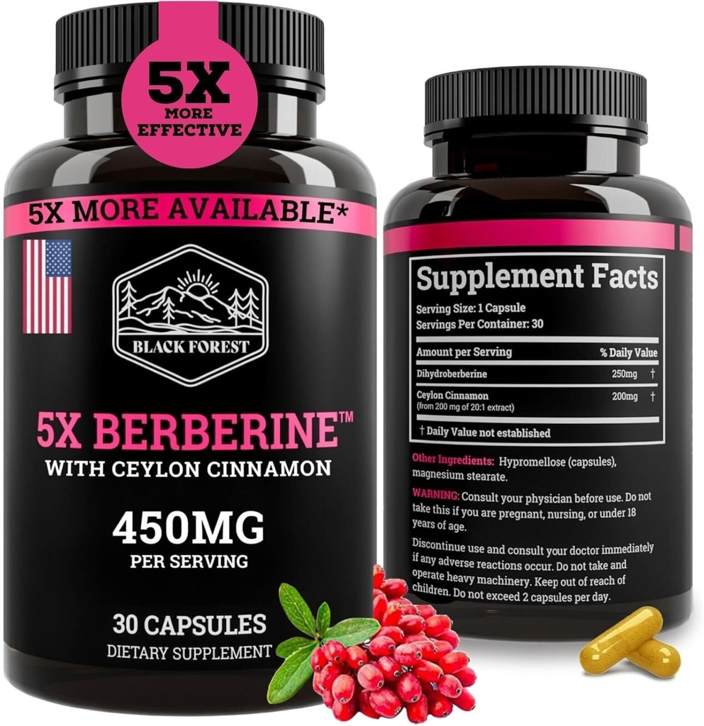 Black Forest 5X Berberine a Dihydroberberine Supplement (Super Berberine nu 5X mere effektiv end regelmæssig Berberine HCL) Bedste Dihydroberberine med Ceylon kanel - svarende til Berberine Phytosome