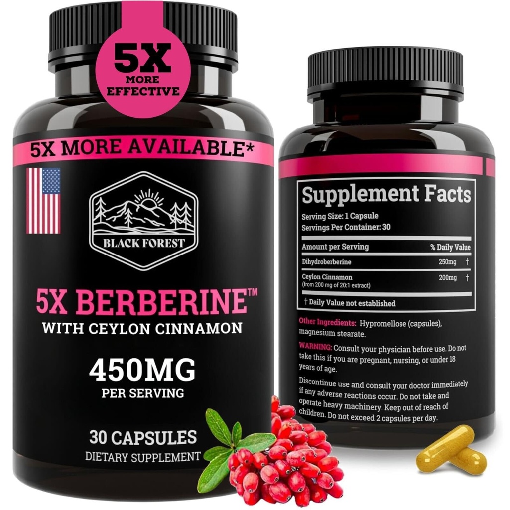 Black Forest 5X Berberine a Dihydroberberine Supplement (Super Berberine nu 5X mere effektiv end regelmæssig Berberine HCL) Bedste Dihydroberberine med Ceylon kanel - svarende til Berberine Phytosome