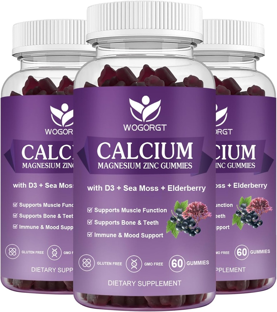 Calcium Magnesium Zinkgummier med D3- vitamin - højt absorptionskompleks Calciumtilskud med Sea Moss, Elderberry til ben, Muskler, Immunum, Mood & Sleep Support, Vegan - 60 Gummies (3 Pack)