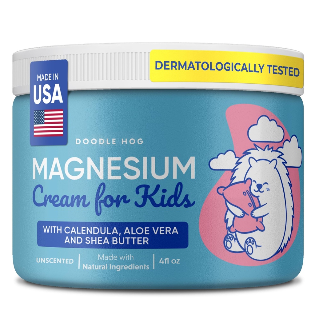 DOODLE HOG Magnesium Cream til børn - Lindrende Relief & Afslapning med Calendula, Aloe Vera, Shea Butter - Topisk Magnesium Cream til søvn - USA Made - (4 oz, uduftende)