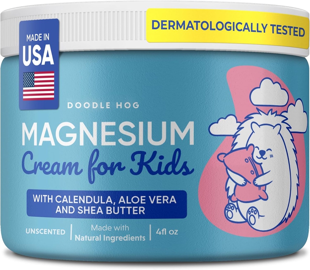 DOODLE HOG Magnesium Cream til børn - Lindrende Relief & Afslapning med Calendula, Aloe Vera, Shea Butter - Topisk Magnesium Cream til søvn - USA Made - (4 oz, uduftende)
