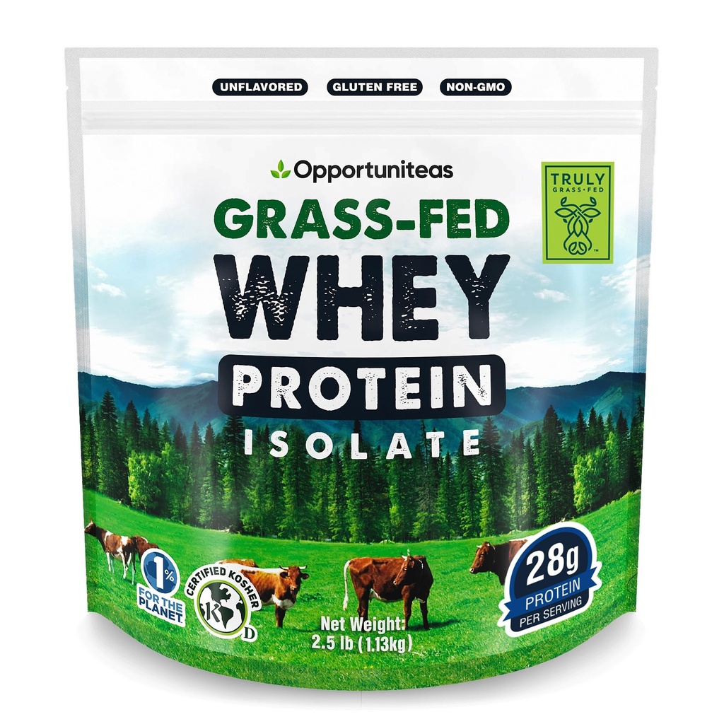 Opportuniteas Grass Fed Whey Isolate Protein Powder - Unflavored 28g Protein Powder uden kunstige sødestoffer, Hormon-Free Cows, Non GMO - 2.5lb