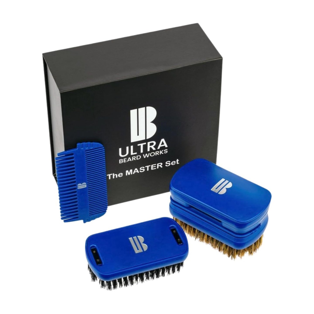 Magnetiseret High- end Beard Brush "Master" sæt. "ULTIMATE Brush" er en 3-i-1- børste sæt. Omfatter: spejl, opbevaringsrum, to kamme og to børster. Aftagelige stykker gør en tilpasset enhed.