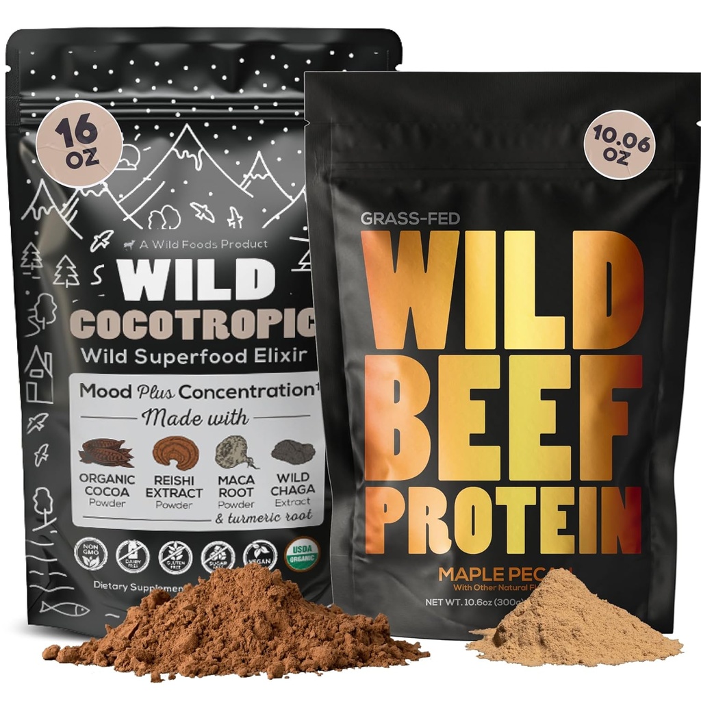 Cocotrop Organic Mushroom Cacao Mix (16oz) & Grass- Fed Beef Protein Powder (10oz) Bundle for Energy and Nutrition