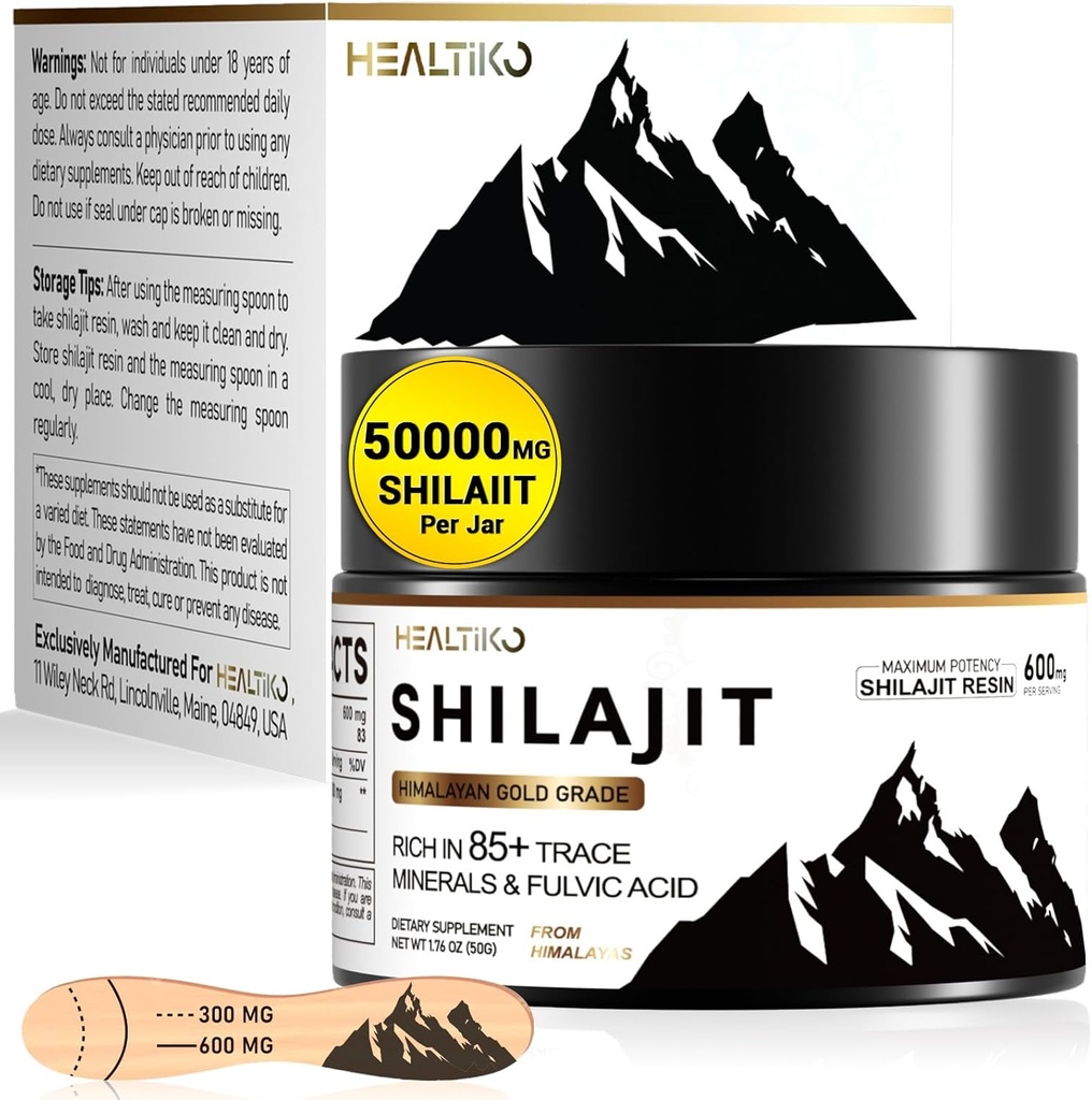 Shilajit Resin, Himalayan Shilajit Organic - 600mg Potency Gold Grade, Shilajit til mænd og kvinder med 85 + spor Minerals & Fulvic Acid, for Energy, Immunity & Strength, 83 Servering (50g)