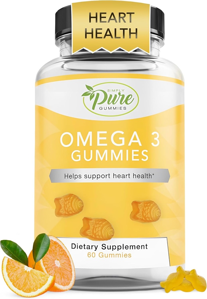 Pure By Nature Omega 3 Gummier for voksne & Børn, Omega 3 Fedtsyretilskud med Omega 3 6 9 til Circulatory Support, Ingen Fish Oil Orange Flavor Omega Gummies, 60 dages forsyning (60 Greve)