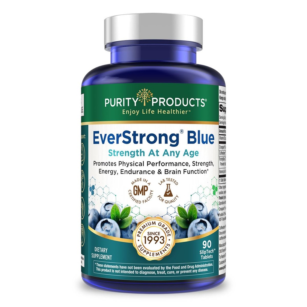 Renhedsprodukter EverStrong Blue Strength Building + Brain Boosting w / Muscle Matrix Blend ft. Creatinine Monohydrat + Mere, PurityBlue Organic Blueberry Complex, 1000 IE D3- 90 tabletter