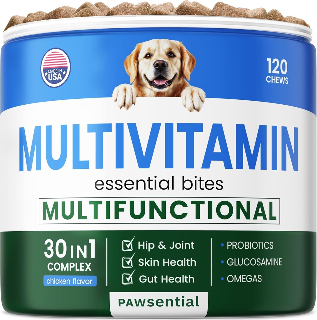 Hund vitaminer og kosttilskud tyggetabletter - Glucosamin Omega Probiotika - Hund vitaminer til hud & Coat, Hip & Joint & Gut sundhed - Voksen & Senior, Lille & Stor Breed - 120 Ct Oksekød