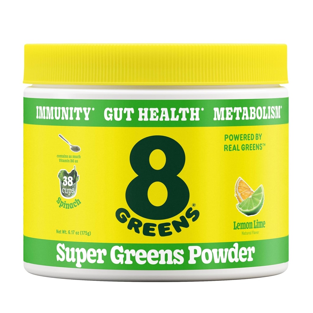 8Greens Super Green Powder Budd124; Prebiotic & Probiotic Blend Superfoods for Gut Health, Metabolisme, Debloating, med Fiber, fordøjelsesenzymer, Organisk: Spirulina, Chlorella, Lemon Lime, 25 Servere