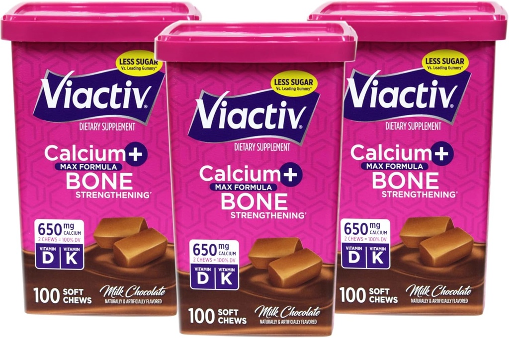 Viactiv Max Formel Calcium + D3- vitamin supplement til ben sundhed mælk chokolade, 100 bløde tykkere - 3 pakke