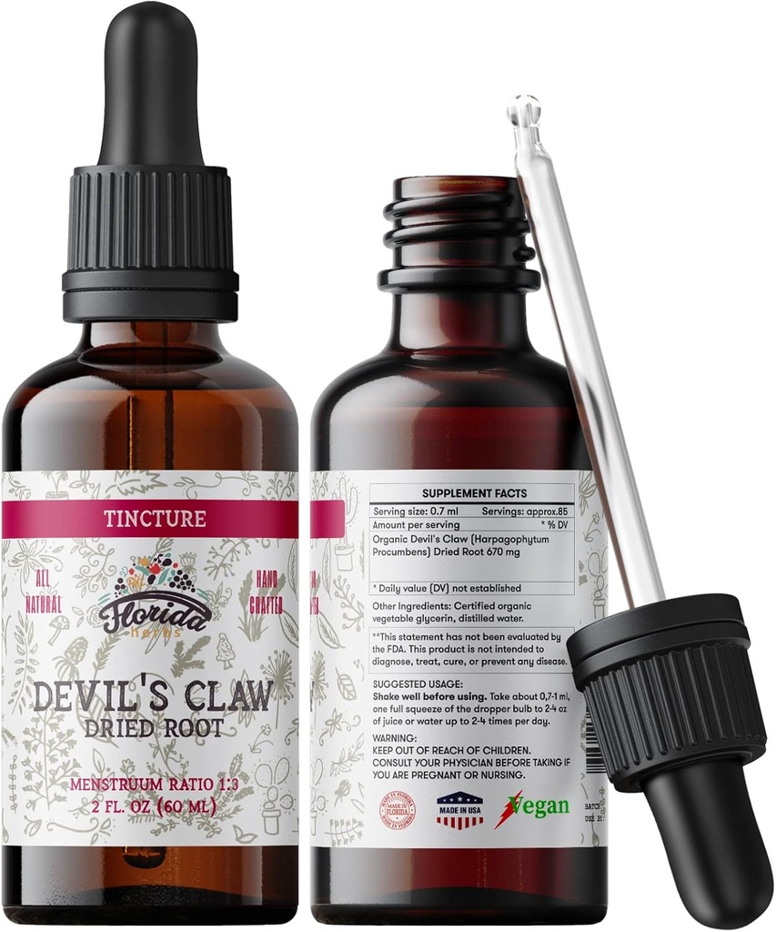 Devil 's Claw Tincture Alkohol Free Organic Extract (Harpagophytum Procumbens) Urtetilskud, Non- GMO i Cold- Pressed Organic Vegetabilsk Glycerin, 700 mg, 2 oz (60 ml)