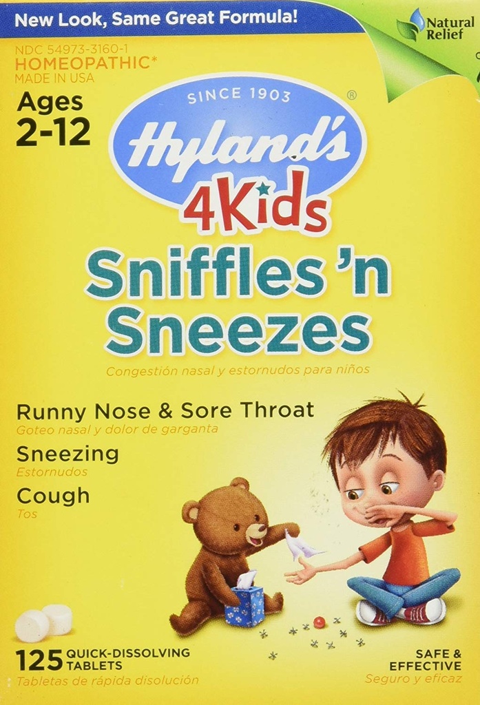 Zink til børn i alderen 2 +, Cold Medicine Tablets, Hylands 4 Kids Sniffles n 'Nyser, Decongestant, Hovedpine og Sinus Relief, Naturlig Behandling for Allergi og Almindelige Kolde Symptomer, 125 Tæl