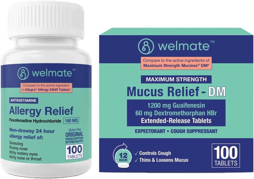 WELMATE Complete Allergy & Congestion Relief Bundle: Fexofenadine HCl 180 mg Non- Drowsy Antihistamin (100 Ct) + Mucus Relief DM 1200mg Guaifenesin & 60mg DXM (100 Ct)