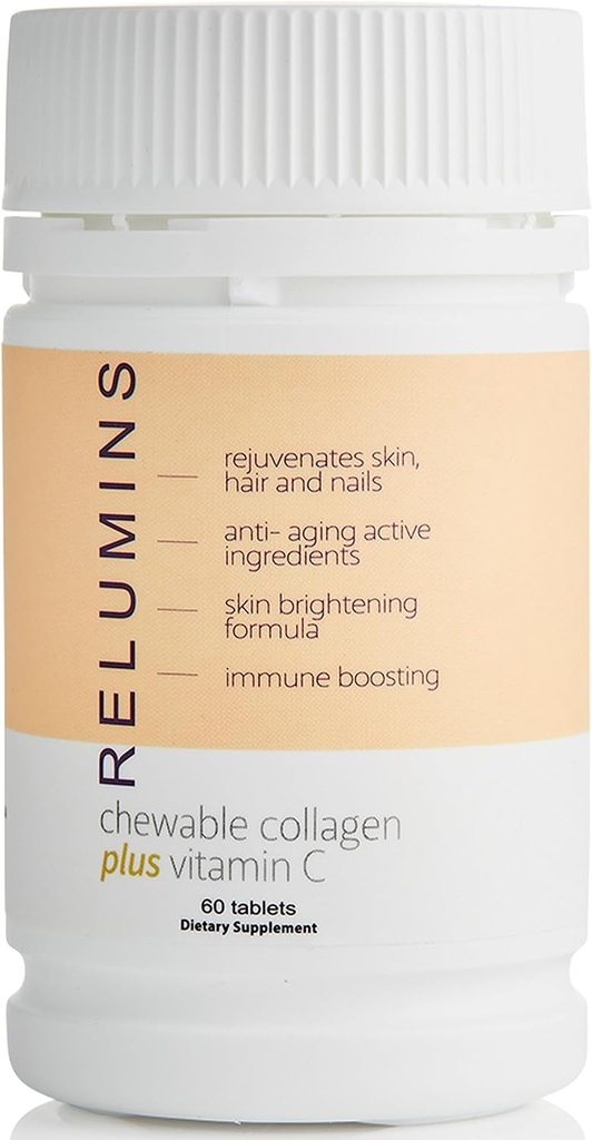 Reluminer Collagen Kosttilskud til kvinder & mænd Collagen Chewable med Silkepeptid, Hyaluronsyre, CoQ10, & C-vitamin & E - 60 Peach- Flavored Collagen Supplement tabletter per flaske
