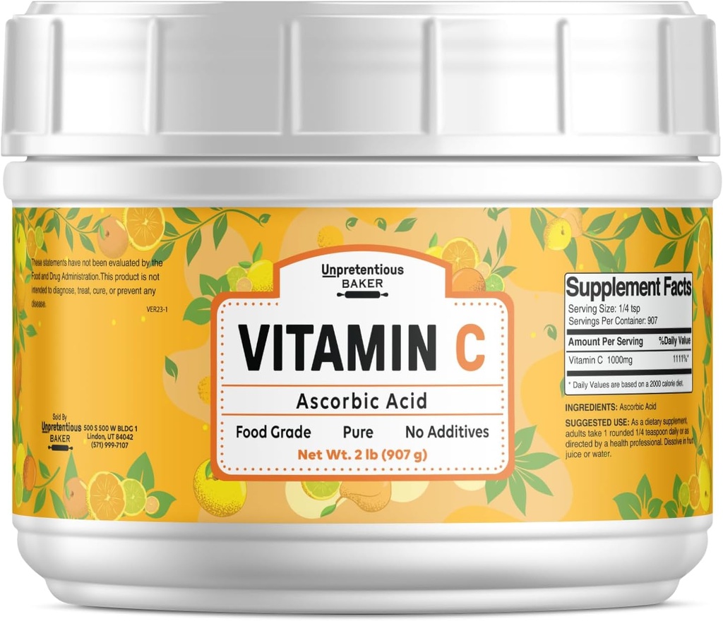 Uprætentiøs C-vitamin pulver (2 LB) Ascorbinsyre, resealable tub