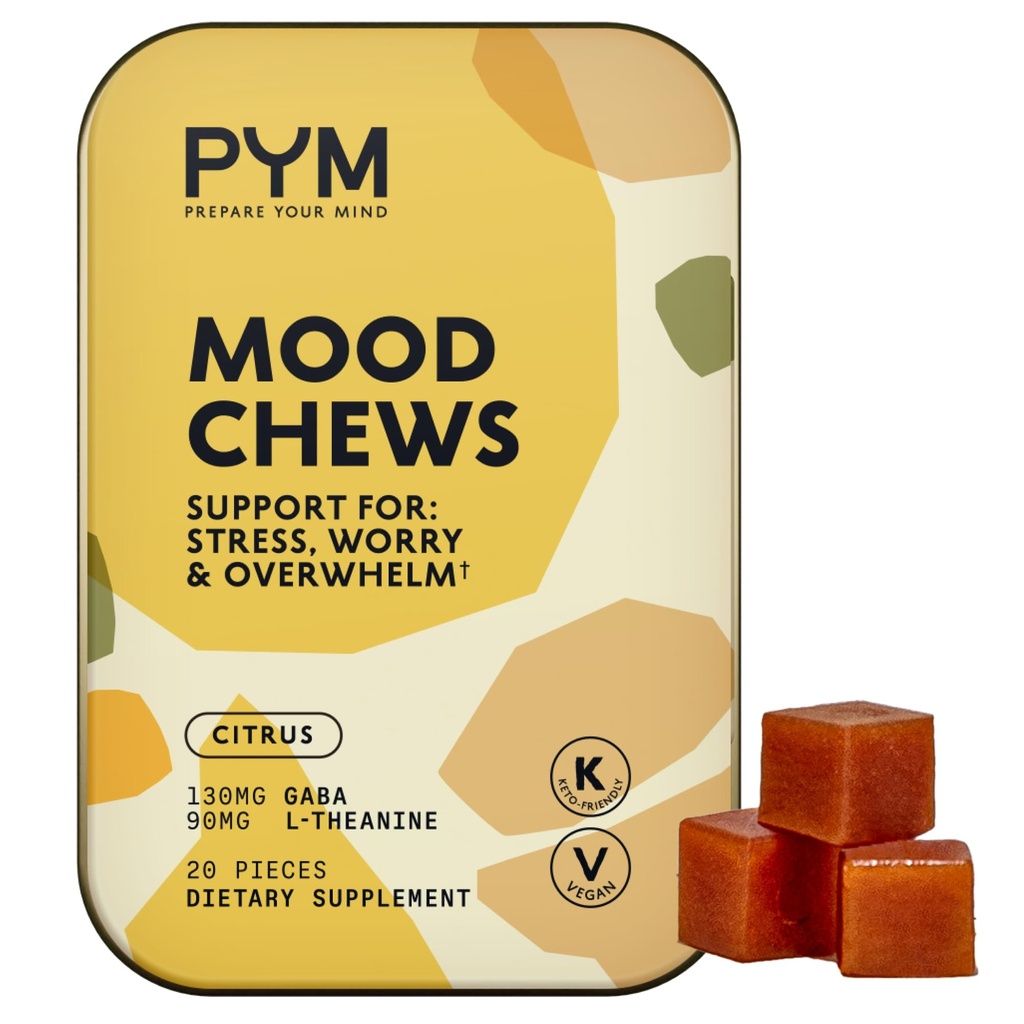 PYM Citrus Mood Chews Support for Stress, Worry & Overwarm, 20 Greve Budd124; 130mg GABA, 90mg L- Theanine Budd124; Vegan, Non- GMO, Gluten- Free, Ingen Tilføjet Sukker Budding124; All- Natural Mood Balance Supplement Lavet i USA