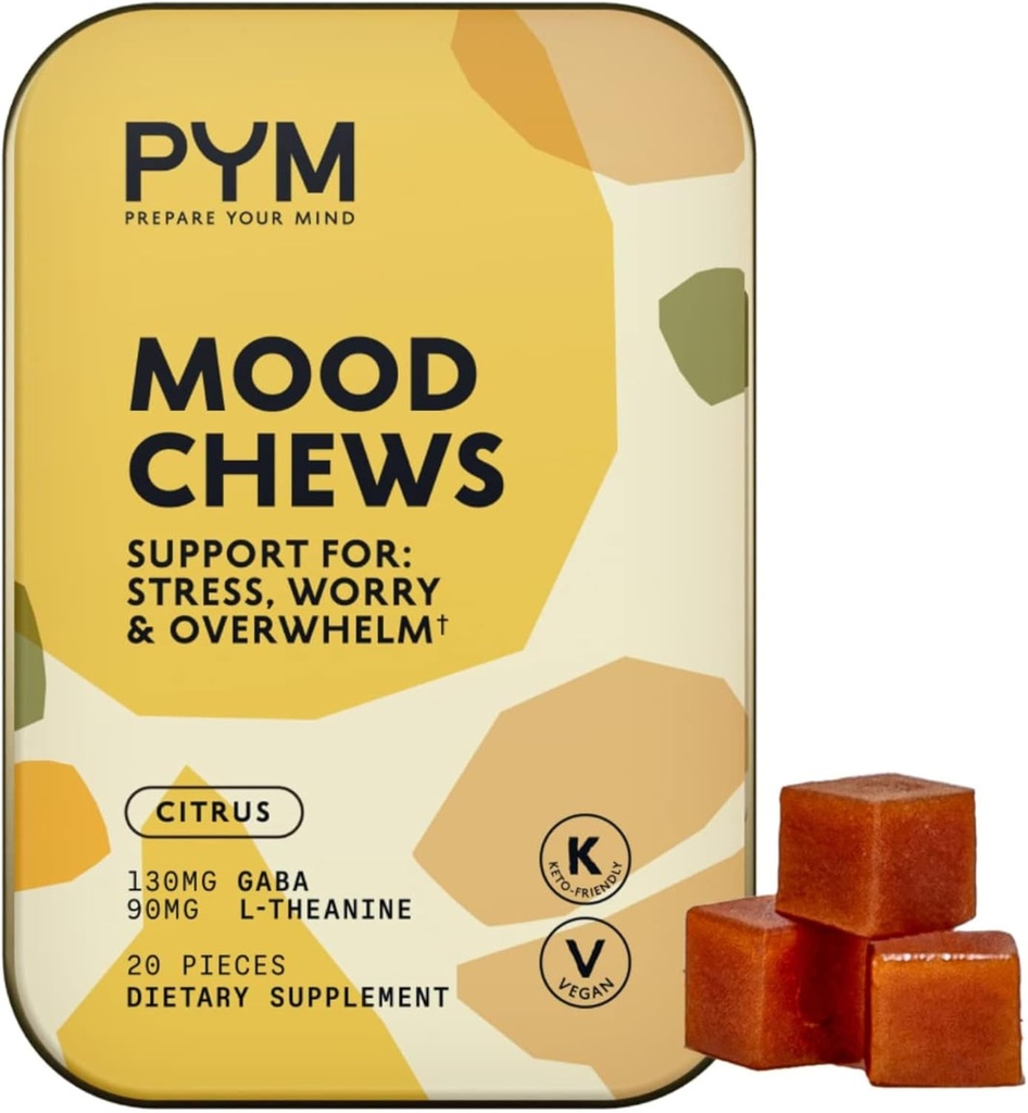 PYM Citrus Mood Chews Support for Stress, Worry & Overwarm, 20 Greve Budd124; 130mg GABA, 90mg L- Theanine Budd124; Vegan, Non- GMO, Gluten- Free, Ingen Tilføjet Sukker Budding124; All- Natural Mood Balance Supplement Lavet i USA