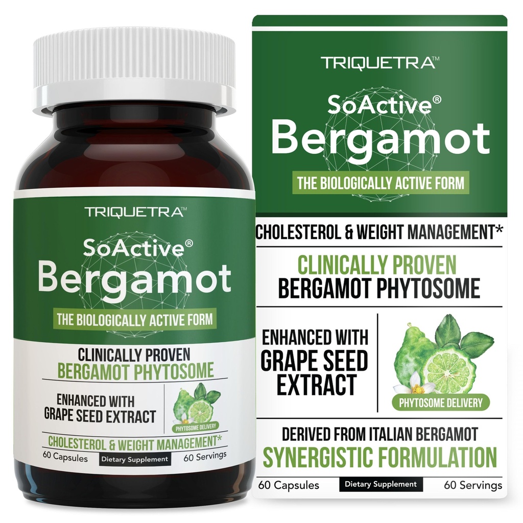 SoActive Bergamot: 2.5X Mere effektiv, Italiensk Citrus Bergamot Phytosome - Klinisk valideret • 124; Forstærket med Grape Seed Extract - Understøtter Cholesterol & Vægt Management (60 kapsler)