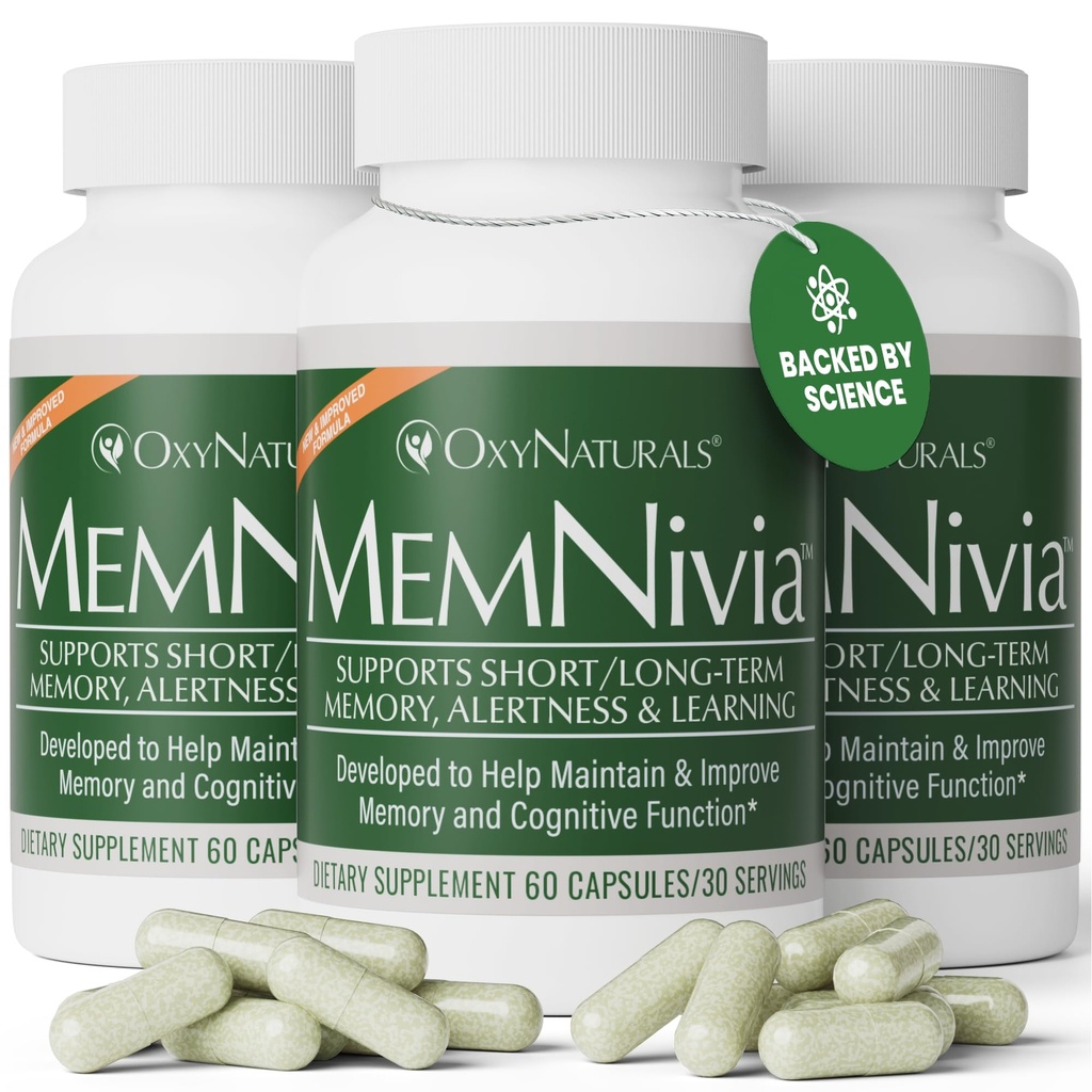MemNivia Brain Kosttilskud til Memory & Focus; Dual- Sage Stem Cell Formel med Cognivia ®, Bacopa, Holy Basil & Ginger 124; Klinisk Proven Mental Clarity Support 124; 180 Kapsler (3 flasker)