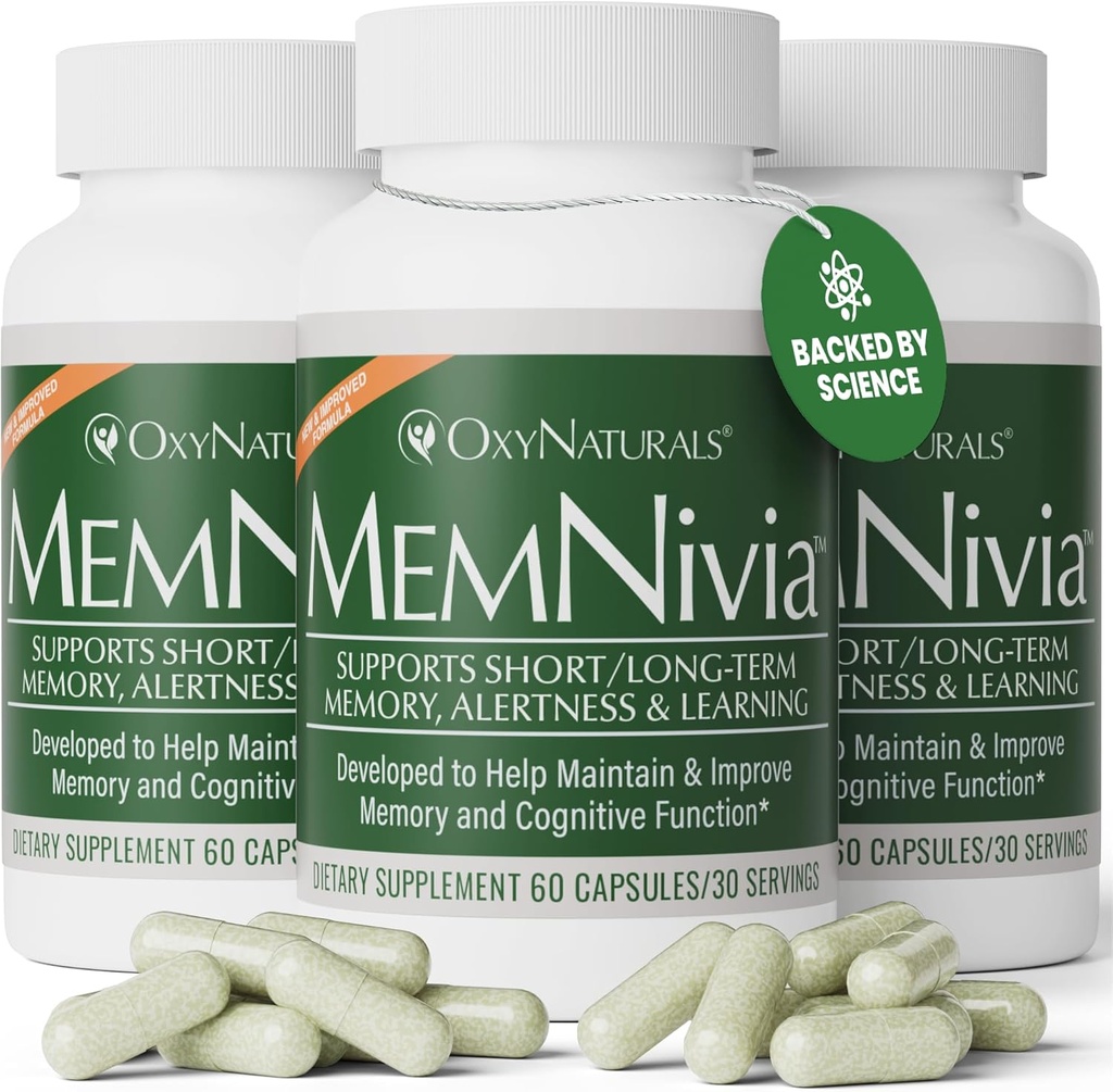 MemNivia Brain Kosttilskud til Memory & Focus; Dual- Sage Stem Cell Formel med Cognivia ®, Bacopa, Holy Basil & Ginger 124; Klinisk Proven Mental Clarity Support 124; 180 Kapsler (3 flasker)