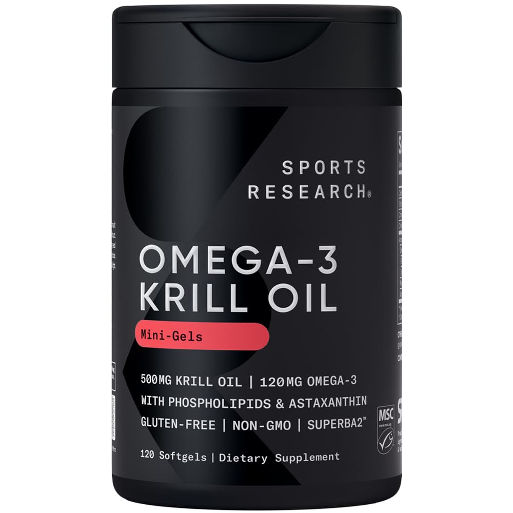 Sports Research Krill Oil Supplement med EPA & DHA Omega 3, Phospholipider & Astaxanthin fra Antarktis Krill - Højeste koncentration af krill olie til mænd og kvinder - 500mg, 120 Softgel kapsler