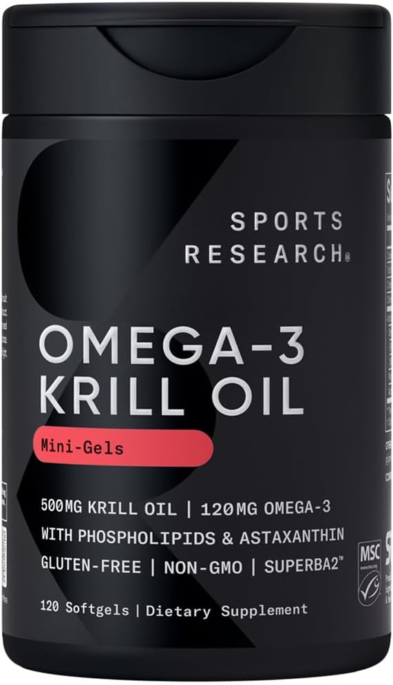 Sports Research® Omega-3 Krill Oil 500mg - Pure Antarctic Superba Krill with Phospholipids, Choline & Astaxanthin - MSC Certified Sustainable, Non-GMO Verified & Gluten Free - 120 Mini-Gels