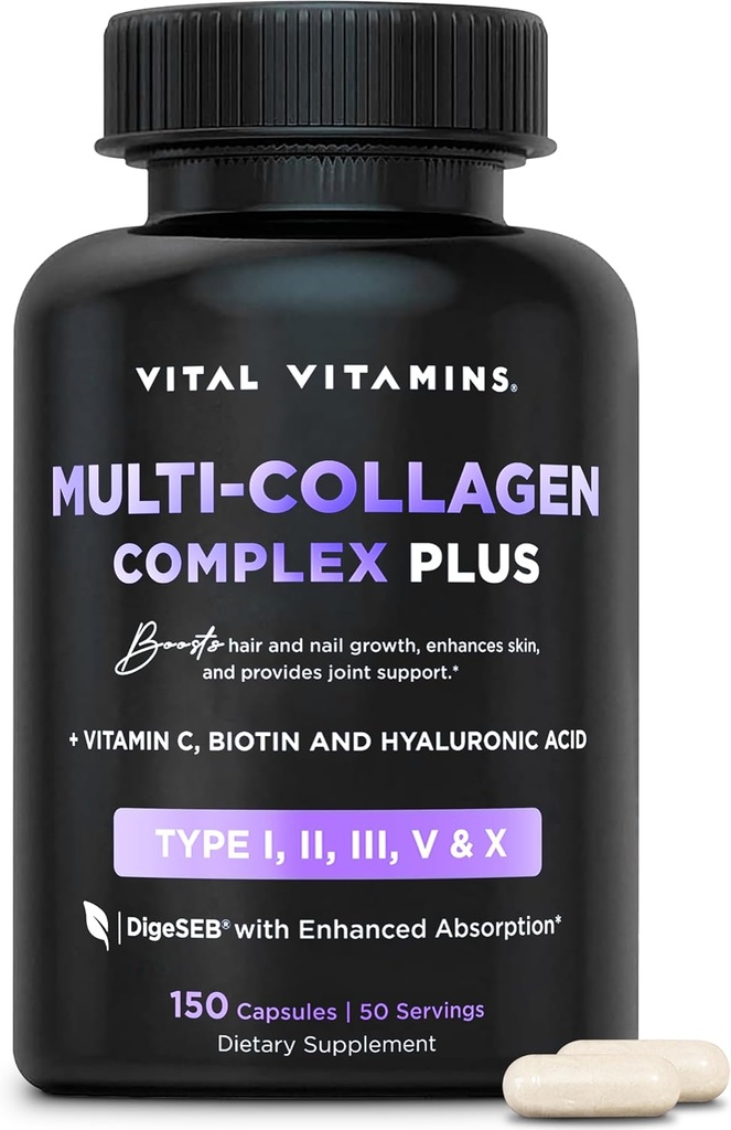 Vital Vitaminer Multi Collagen Complex Plus - med biotin, Hyaluronsyre, C-vitamin - type I, II, III, V, X - for kvinder & mænd - hår, hud, negle skønhed kompleks - 150 kapsler