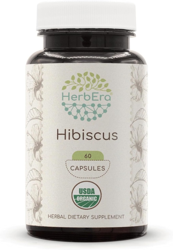 HerbEra Hibiscus USDA Organic 60 Capsules ttesmå 124; Natural Herbal Supplements 124; Certified Organic Vegetary Capsules and Organic Hibiscus (Hibiscus sabdariffa) Tørret blomst (60 Capsules)