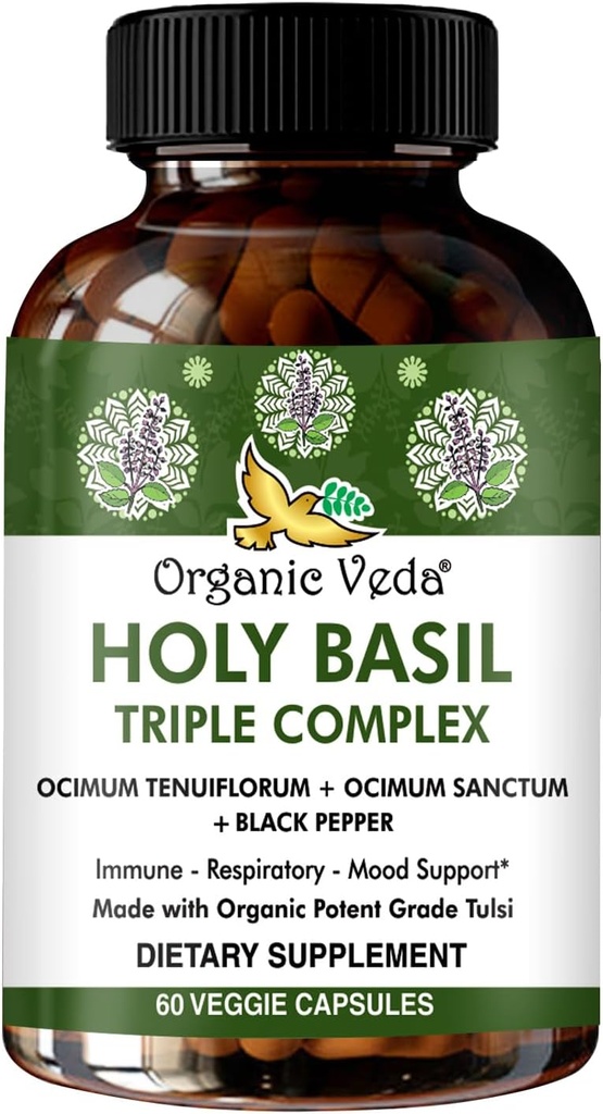 Organic Veda Holy Basilic Capsules - Triple Complex Tulsi Holy Basil Leaf Extract - Support Respiratory Health, Immunity - fremmer sund stress Response & Mood - Vegan, Gluten- Free - 60 Greve