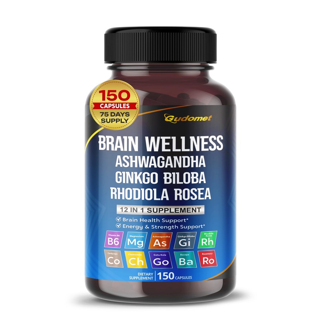 Brain Wellness Ginkgo Biloba Rhodiola Cordyceps Kamille Ashwagandha Gotu Kola Bacopa Rosemary Holy Basil Black Pepper -150 Capsules - Made in USA