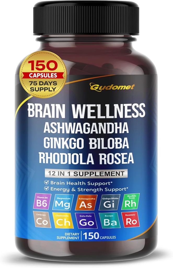 Brain Wellness Ginkgo Biloba Rhodiola Cordyceps Kamille Ashwagandha Gotu Kola Bacopa Rosemary Holy Basil Black Pepper -150 Capsules - Made in USA