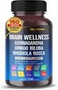 Brain Wellness Ginkgo Biloba Rhodiola Cordyceps Kamille Ashwagandha Gotu Kola Bacopa Rosemary Holy Basil Black Pepper -150 Capsules - Made in USA