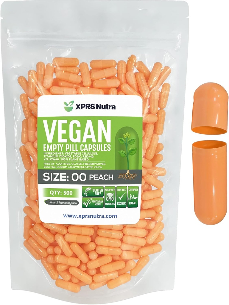 XPRS Nutra Størrelse 00 Tomme kapsler - 500 Grev Tomme Veganske kapsler - Vegetariske Tomme piller - DIY Vegetabilske Kapsler Filling- Veggie Pill Caps (Peach)