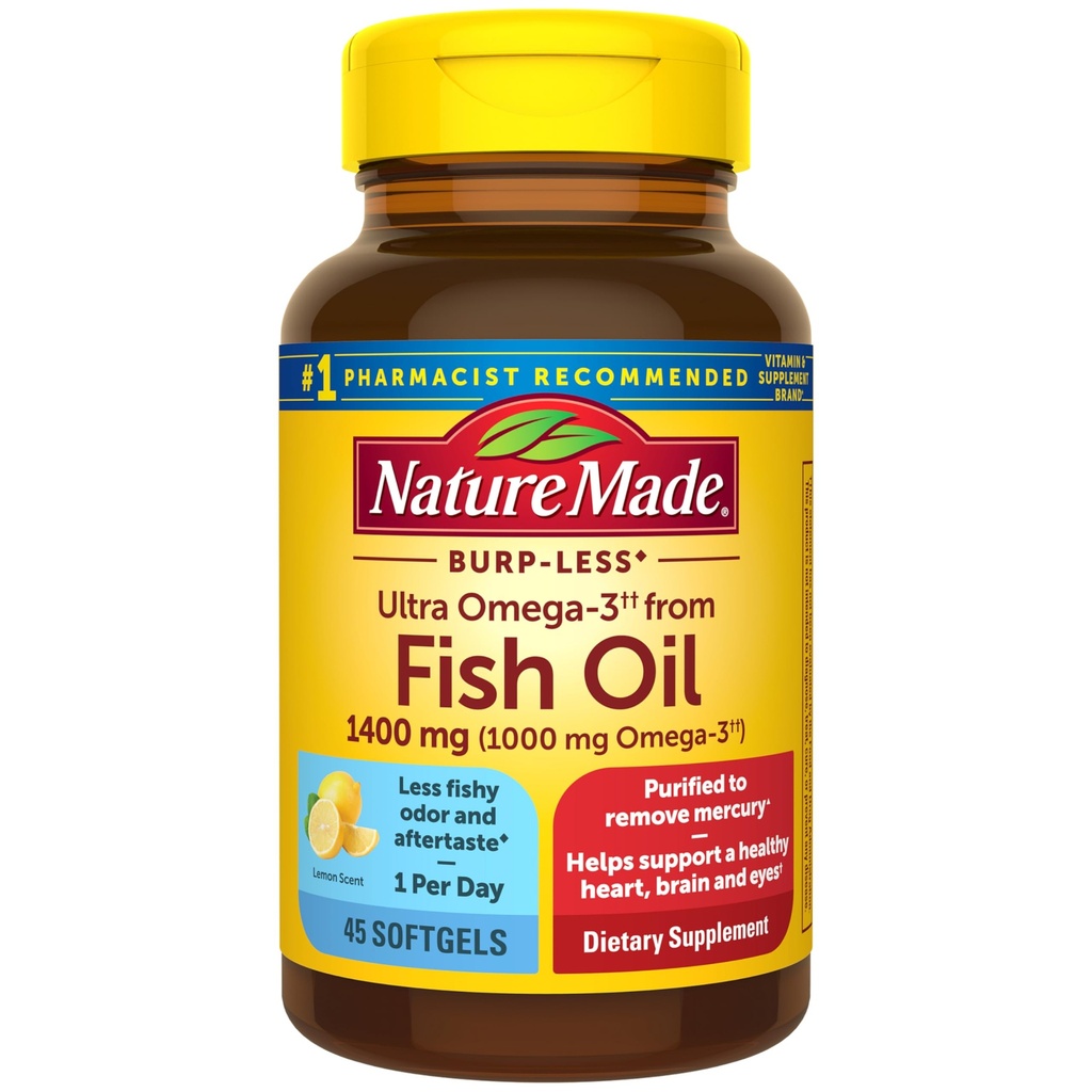 Nature Made Extra Strength Omega 3 Fish Oil Supplements, 1400mg, Fish Oil Omega 3 Supplements as Ethyl Esters for Sund Hjerte, Brain, Eyes, Mood Support, 45 Softgels, 45 Day Supply