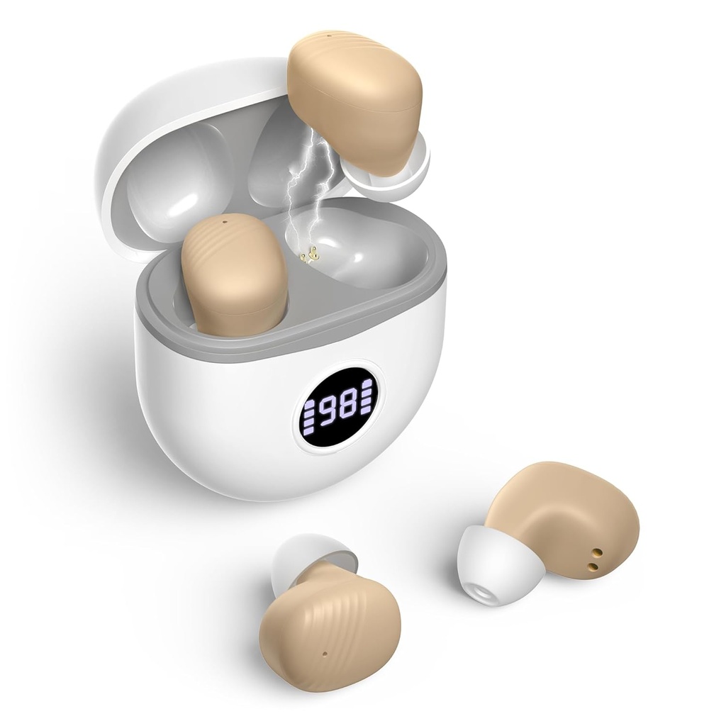 Høreapparater, genopladelige høreapparater til seniorer med støjdæmpning, små i øre uden knivstifter opdaterer maksimal hastighed 40dB med oval opladning sag LED Power Display, Beige