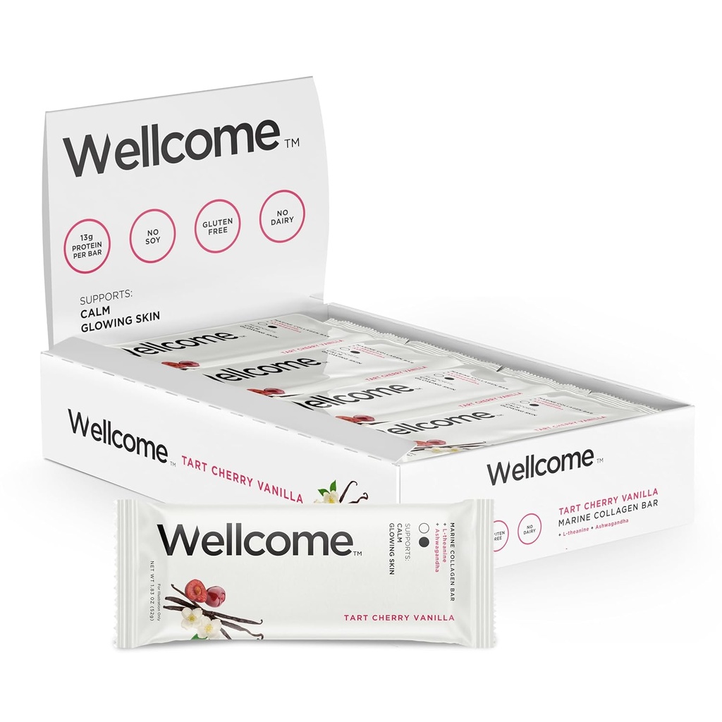 Wellcome Tart Cherry Vanilla Marine Collagen Protein Bar med Ashwagandha og L- Theanine - Adaptogen Snack Bar - Dairy Free Health Bar for Functional Active Lifestyle (Pack of 12)