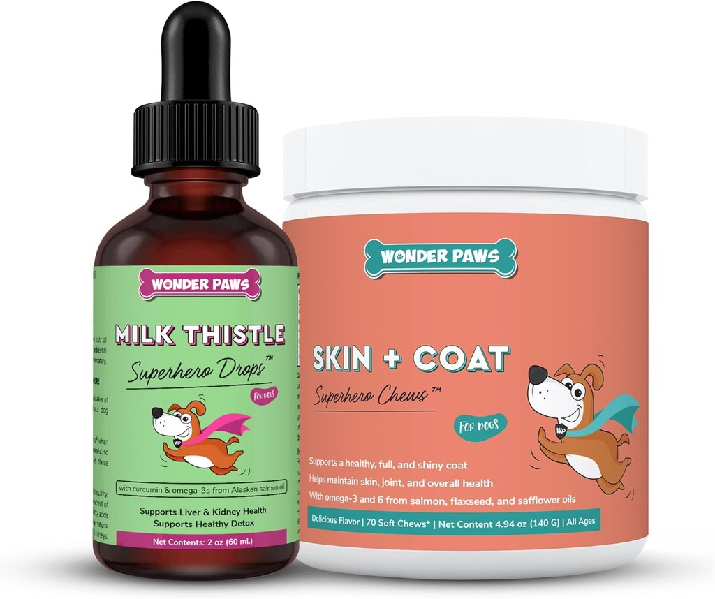 WONDER PAWS Milk Thistle Drops Plus Hud + Coat Soft Chews - for hunde lever og Nyre Support, Detox & Hud og Coat Sundhed - Milk Thistle 2 Ounces - Hud + Coat 70 Chews