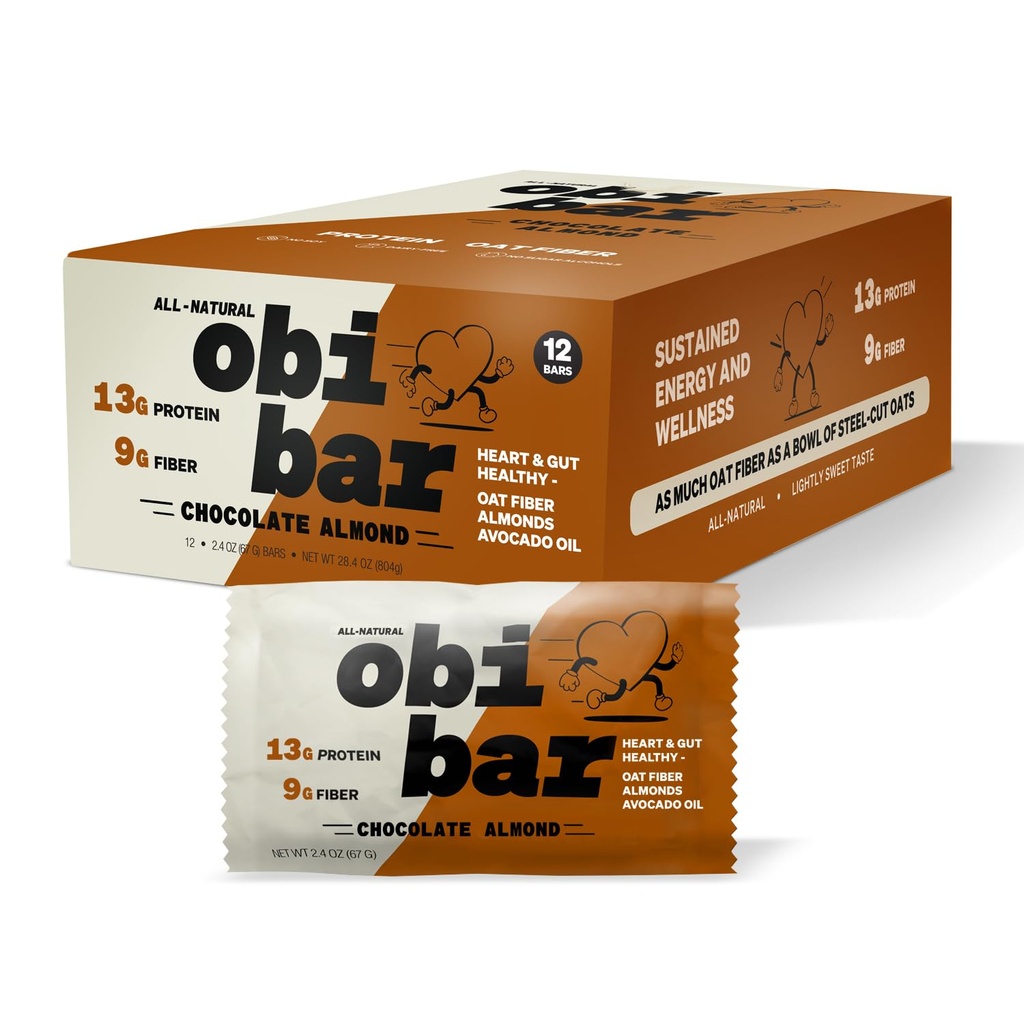 Obi Bar Chocolate Mandel - Protein og Oat Fiber Bar Mean 124; All- Natural Mean 124; Sustained Energy Mean 124; Lightly Sweet Smag Mean 124; 100% Kakao, Mandel Chunks Mean 124; MADE with AVOCADO OIL Mean 124; Egg White Protein Mean 124; Soy Free, Dairy Free, No Sugar Alcohol, No Seed Oliils Mean 124; 2.4oz, 12 Pack