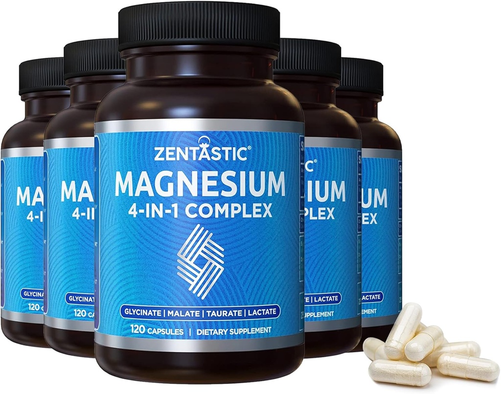 Zentastisk Magnesiumkompleks - 600 Magnesiumkapsler - Chelated Magnesiumglycinat, Malat, Taurat & Lactat - Support Bones, Muskler