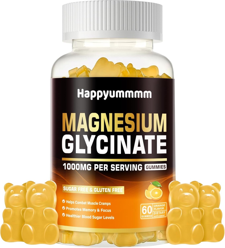 Magnesium Glycinat Gummies 1000mg - Sugar Free Magnesium Kalium Supplement med D-vitamin, B6, CoQ10 for Calm Mood & Sleep Support - 60 Orange Gummies