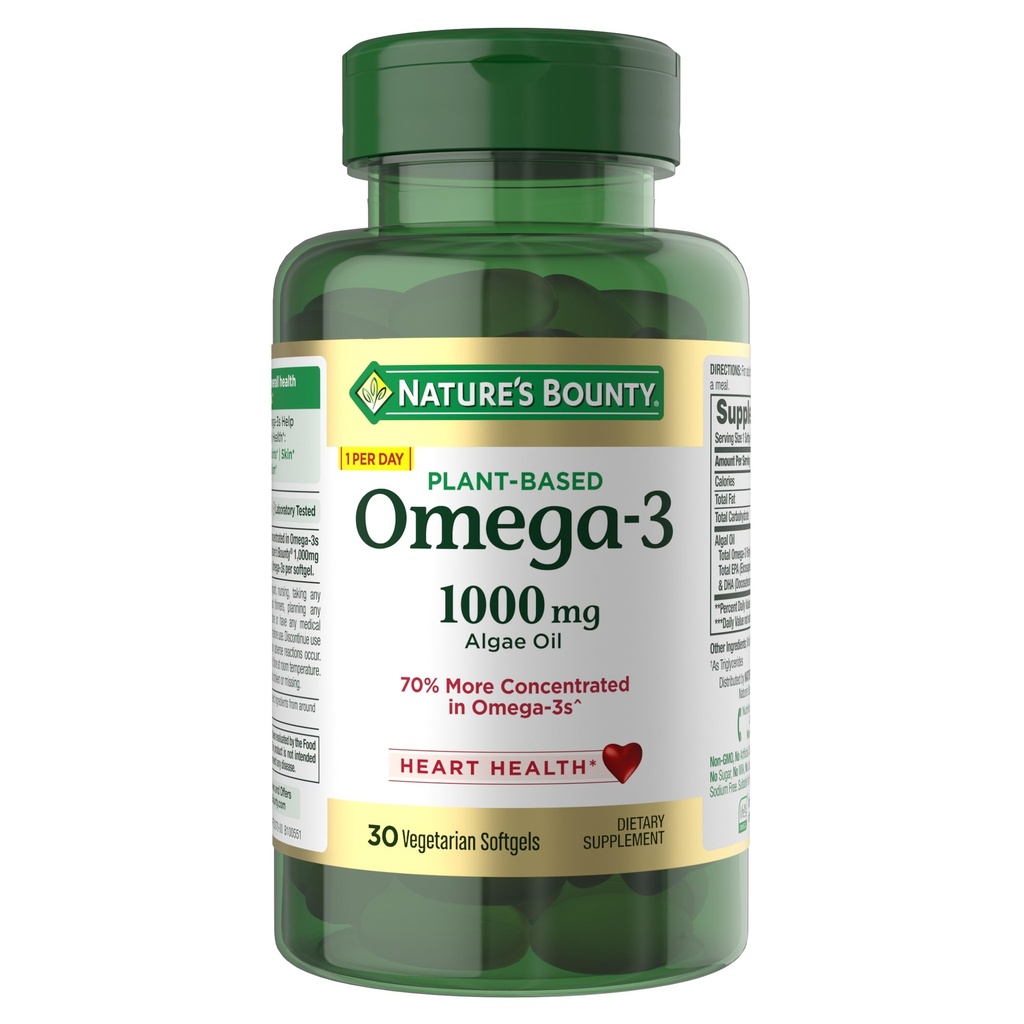 Naturens Bounty Omega 3, Plant- baserede Omega 3 Fedtsyretilskud, 520mg, Understøtter hele legemets sundhed herunder hjerte, hud, fælles, 30 vegetariske bløddele, fisk olie alternativ