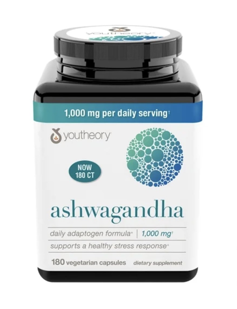 Youtheory Ashwagandha 1000mg med KSM- 66 - Hjælper støtte en sund stress reaktion, 180 kapsler (pakke med 1)