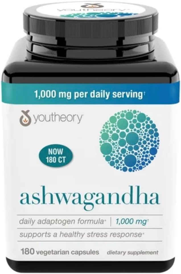Youtheory Ashwagandha 1000mg med KSM- 66 - Hjælper støtte en sund stress reaktion, 180 kapsler (pakke med 1)