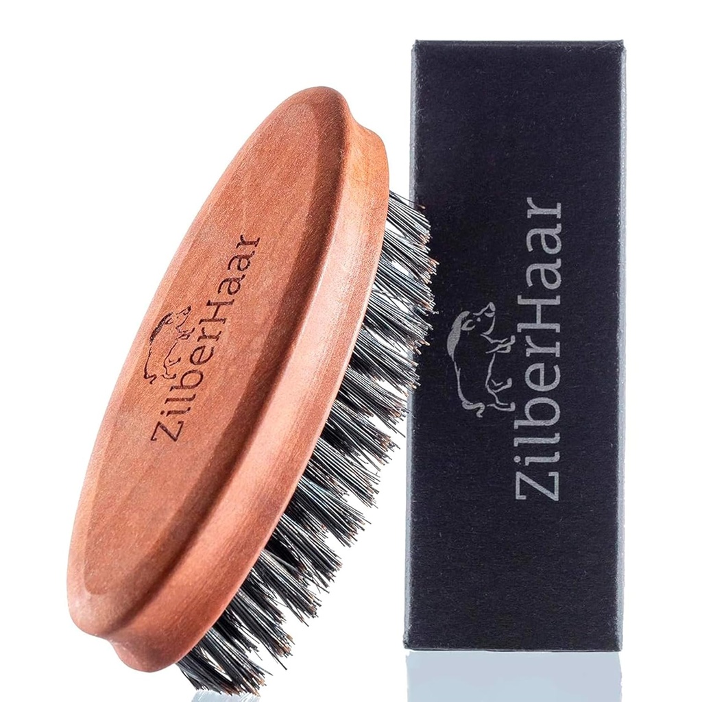 ZilberHaar Pocket Mustache and Beard Brush - Stiff Boar Bristles Small Brush - Perfect Beard Grooming Tool - Relieves beard itch - Short and Medium - Made in Europe