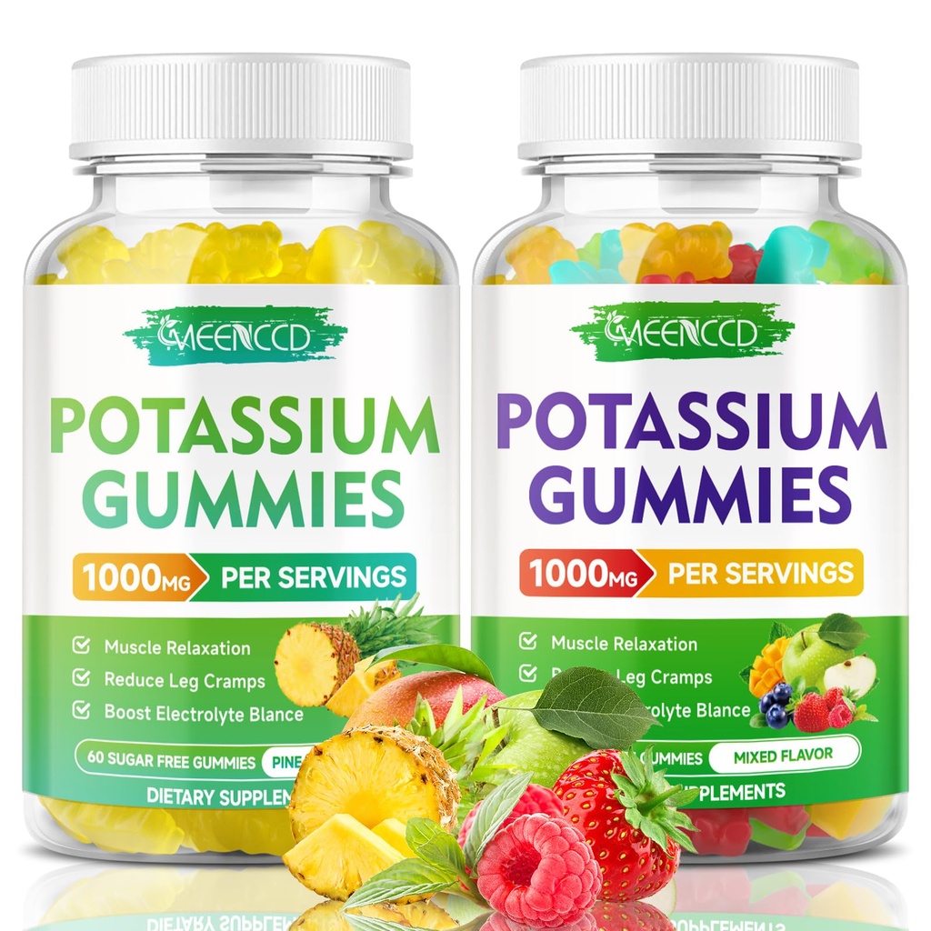 Kalium Citrate Gummies 1000mg, High Potency Kalium Supplement Gummies for voksne kvinder & mænd, Kalium Gummies Support Leg Cramp & Muscle Health, Pineapple & blandet frugtsmag