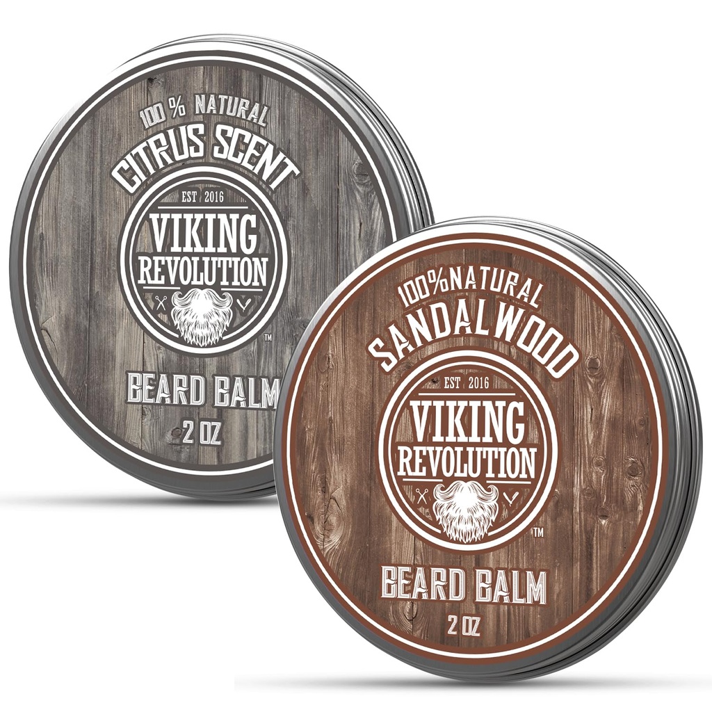 Viking Revolution Citrus og Sandalwood Beard Balm - Smør med Argan Oil, blødgøringsmiddel med Jojoba Oil, Fugt med Bivoks - Voks til mænd med Mango Butter (2oz, 2 Pack)