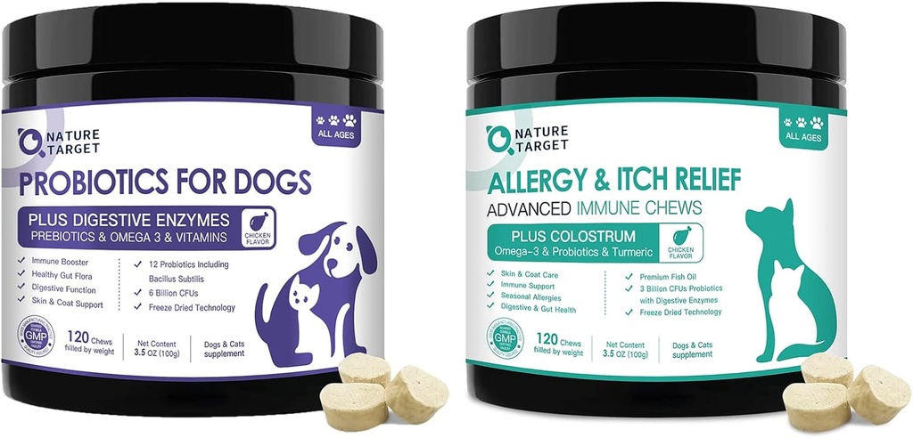 NATUR TARGET Probiotika til hunde, med Prebiotika & fordøjelsesenzymer, Vitaminer & Omega 3 til Allergy Itch Relief, Reducer Diarré, Gas, Stop Pawslicking, Hot Spots, Shedding