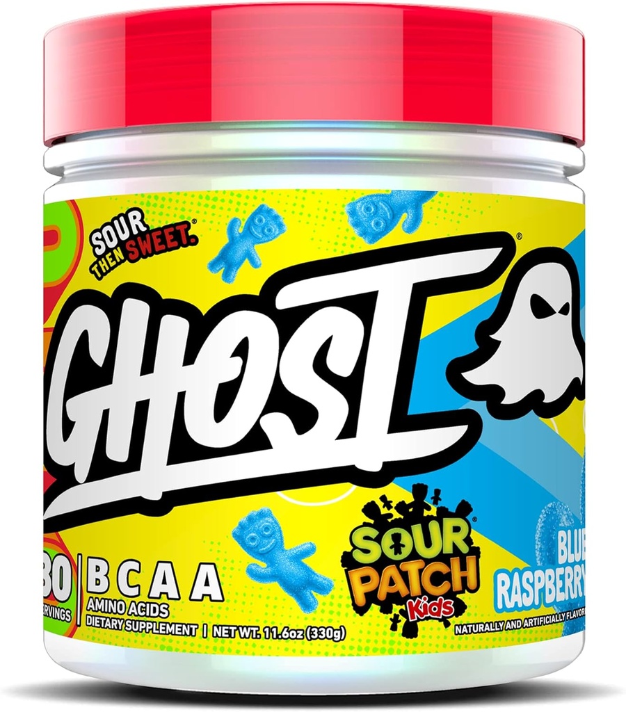 GHOST BCAA Powder Aminosyrer supplement, sour Patch Kids Blue Raspberry - 30 Servering - Sugar- Gratis Intra, Post & Pre Workout Amino Powder & Recovery Drink, 7G BCAA